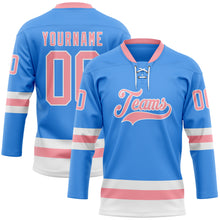 Load image into Gallery viewer, Custom Sky Blue Medium Pink-White Hockey Lace Neck Jersey