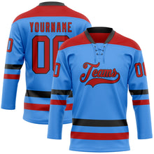 Load image into Gallery viewer, Custom Sky Blue Red-Black Hockey Lace Neck Jersey