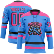 Load image into Gallery viewer, Custom Sky Blue Pink-Black Hockey Lace Neck Jersey