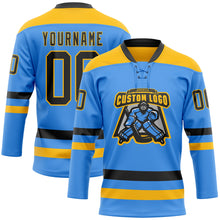 Load image into Gallery viewer, Custom Sky Blue Black-Gold Hockey Lace Neck Jersey