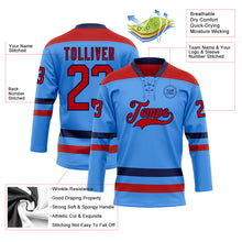 Load image into Gallery viewer, Custom Sky Blue Red-Navy Hockey Lace Neck Jersey