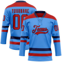 Load image into Gallery viewer, Custom Sky Blue Red-Navy Hockey Lace Neck Jersey