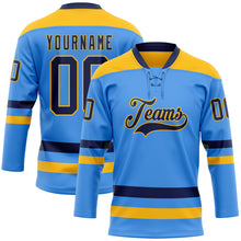 Load image into Gallery viewer, Custom Sky Blue Navy-Gold Hockey Lace Neck Jersey