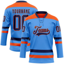 Load image into Gallery viewer, Custom Sky Blue Navy-Orange Hockey Lace Neck Jersey