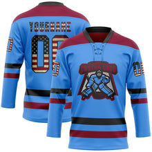 Load image into Gallery viewer, Custom Sky Blue Vintage USA Flag Black-Maroon Hockey Lace Neck Jersey