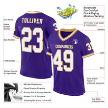 Load image into Gallery viewer, Custom Purple White-Old Gold Mesh Authentic Throwback Football Jersey