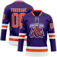 Load image into Gallery viewer, Custom Purple Orange-White Hockey Lace Neck Jersey