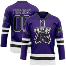 Load image into Gallery viewer, Custom Purple Black-White Hockey Lace Neck Jersey