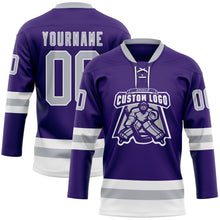Load image into Gallery viewer, Custom Purple Gray-White Hockey Lace Neck Jersey