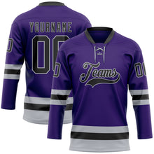 Load image into Gallery viewer, Custom Purple Black-Gray Hockey Lace Neck Jersey