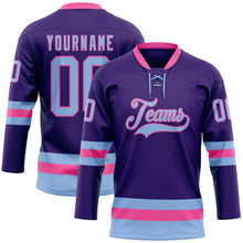 Load image into Gallery viewer, Custom Purple Light Blue-Pink Hockey Lace Neck Jersey