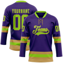 Load image into Gallery viewer, Custom Purple Neon Green-Old Gold Hockey Lace Neck Jersey