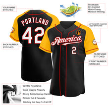 Load image into Gallery viewer, Custom Black White Gold-Red Authentic Raglan Sleeves Baseball Jersey