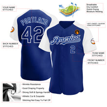 Load image into Gallery viewer, Custom Royal White Authentic Raglan Sleeves Baseball Jersey