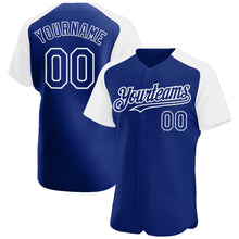 Load image into Gallery viewer, Custom Royal White Authentic Raglan Sleeves Baseball Jersey
