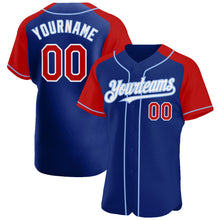 Load image into Gallery viewer, Custom Royal Red-Light Blue Authentic Raglan Sleeves Baseball Jersey