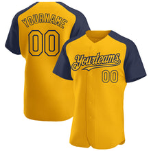 Load image into Gallery viewer, Custom Gold Navy Authentic Raglan Sleeves Baseball Jersey
