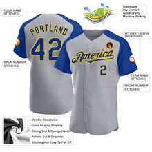 Load image into Gallery viewer, Custom Gray Royal-Yellow Authentic Raglan Sleeves Baseball Jersey