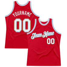 Load image into Gallery viewer, Custom Red Light Blue-Old Gold Authentic Throwback Basketball Jersey