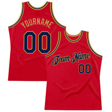 Load image into Gallery viewer, Custom Red Navy-Old Gold Authentic Throwback Basketball Jersey