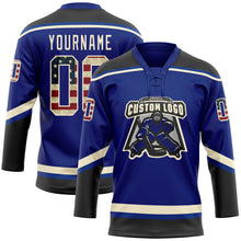 Load image into Gallery viewer, Custom Royal Vintage USA Flag Black-Cream Hockey Lace Neck Jersey