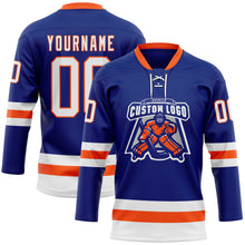 Load image into Gallery viewer, Custom Royal White-Orange Hockey Lace Neck Jersey