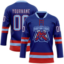 Load image into Gallery viewer, Custom Royal Light Blue-Red Hockey Lace Neck Jersey