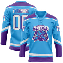 Load image into Gallery viewer, Custom Sky Blue White-Purple Hockey Lace Neck Jersey