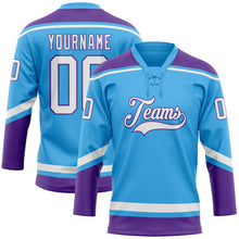 Load image into Gallery viewer, Custom Sky Blue White-Purple Hockey Lace Neck Jersey