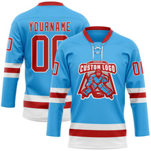 Load image into Gallery viewer, Custom Sky Blue Red-White Hockey Lace Neck Jersey