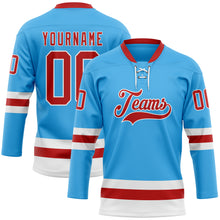 Load image into Gallery viewer, Custom Sky Blue Red-White Hockey Lace Neck Jersey