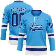 Load image into Gallery viewer, Custom Sky Blue Royal-White Hockey Lace Neck Jersey