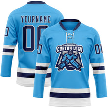 Load image into Gallery viewer, Custom Sky Blue Navy-White Hockey Lace Neck Jersey