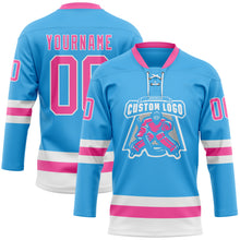 Load image into Gallery viewer, Custom Sky Blue Pink-White Hockey Lace Neck Jersey