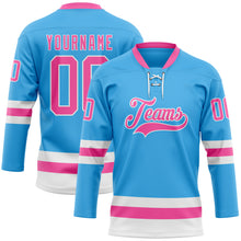 Load image into Gallery viewer, Custom Sky Blue Pink-White Hockey Lace Neck Jersey