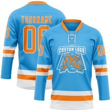 Load image into Gallery viewer, Custom Sky Blue Bay Orange-White Hockey Lace Neck Jersey