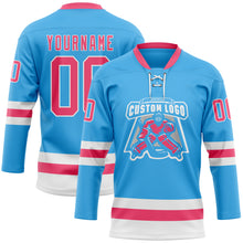 Load image into Gallery viewer, Custom Sky Blue Neon Pink-White Hockey Lace Neck Jersey