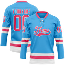 Load image into Gallery viewer, Custom Sky Blue Neon Pink-White Hockey Lace Neck Jersey