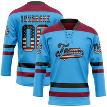 Load image into Gallery viewer, Custom Sky Blue Vintage USA Flag Black-Maroon Hockey Lace Neck Jersey