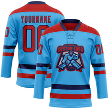Load image into Gallery viewer, Custom Sky Blue Red-Navy Hockey Lace Neck Jersey
