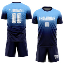 Load image into Gallery viewer, Custom Light Blue White-Navy Sublimation Fade Fashion Soccer Uniform Jersey