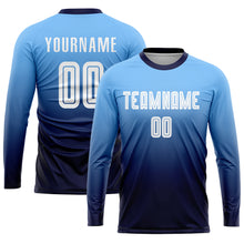 Load image into Gallery viewer, Custom Light Blue White-Navy Sublimation Fade Fashion Soccer Uniform Jersey