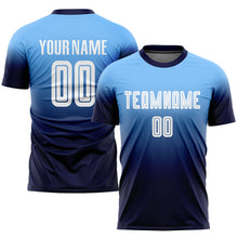 Load image into Gallery viewer, Custom Light Blue White-Navy Sublimation Fade Fashion Soccer Uniform Jersey