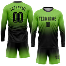 Load image into Gallery viewer, Custom Neon Green Black Sublimation Long Sleeve Fade Fashion Soccer Uniform Jersey