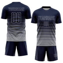 Load image into Gallery viewer, Custom Navy Gray Pinstripe Fade Fashion Sublimation Soccer Uniform Jersey