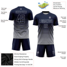 Load image into Gallery viewer, Custom Navy Gray Pinstripe Fade Fashion Sublimation Soccer Uniform Jersey