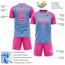 Load image into Gallery viewer, Custom Light Blue Pink-White Pinstripe Sublimation Soccer Uniform Jersey
