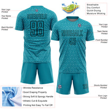 Load image into Gallery viewer, Custom Teal Black Geometric Pattern Sublimation Soccer Uniform Jersey