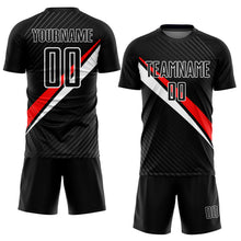 Load image into Gallery viewer, Custom Black Red-White Diagonal Lines Sublimation Soccer Uniform Jersey
