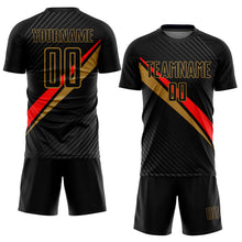Load image into Gallery viewer, Custom Black Red-Old Gold Diagonal Lines Sublimation Soccer Uniform Jersey